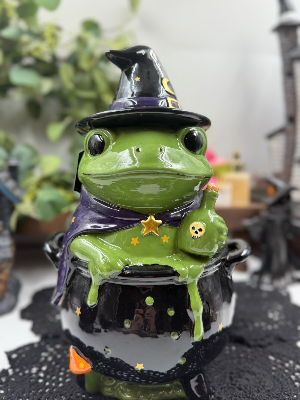 Halloween Whimsical Wizard Frog Cauldron Cookie Jar
